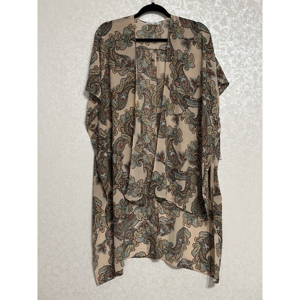 Dex NWT Blue Taupe‎ Paisley Printed Chiffon Kimono Flutter Sleeves Lightweight L